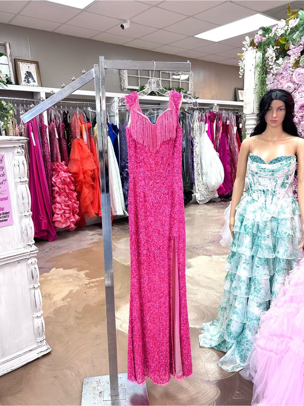 Elegant Hot Pink Fringe Sequin Prom Dress